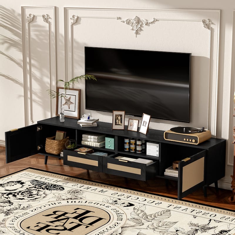 Roomfitters Rattan TV Stand for TVs up to 85 Inches, Farmhouse Media Console with Solid Wood Legs, Entertainment Center, Black