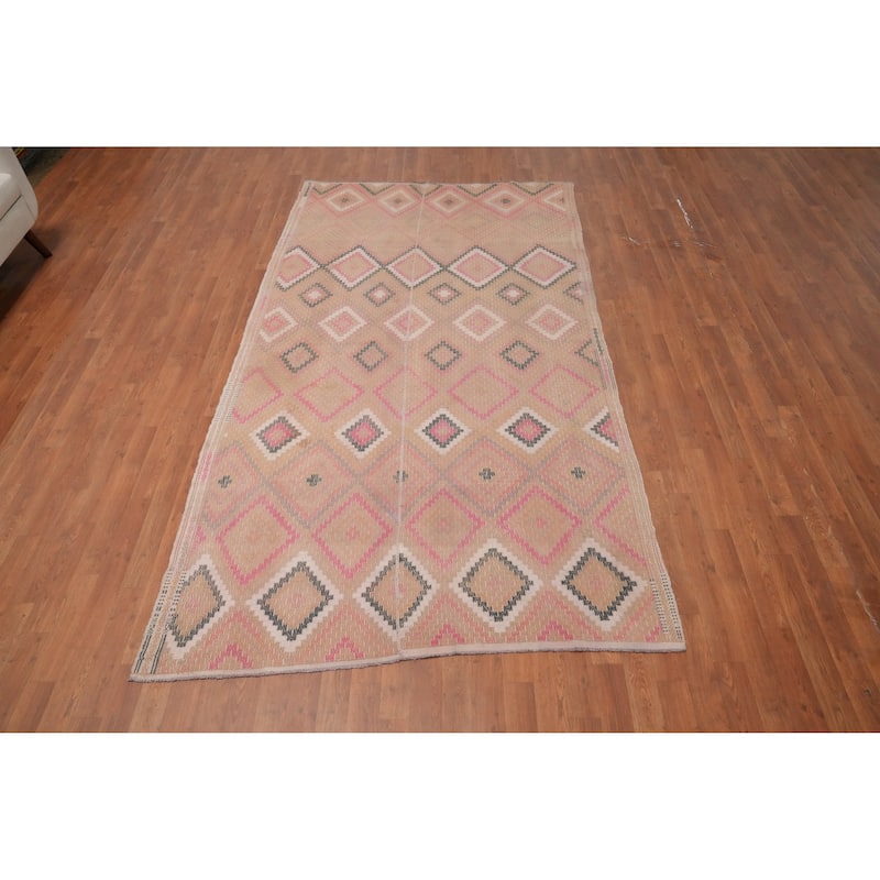 Hand Woven Oriental 100% Wool Carpet Southwestern Tribal Peach Kilim Area Rug - 9' 3'' X 5' 1''