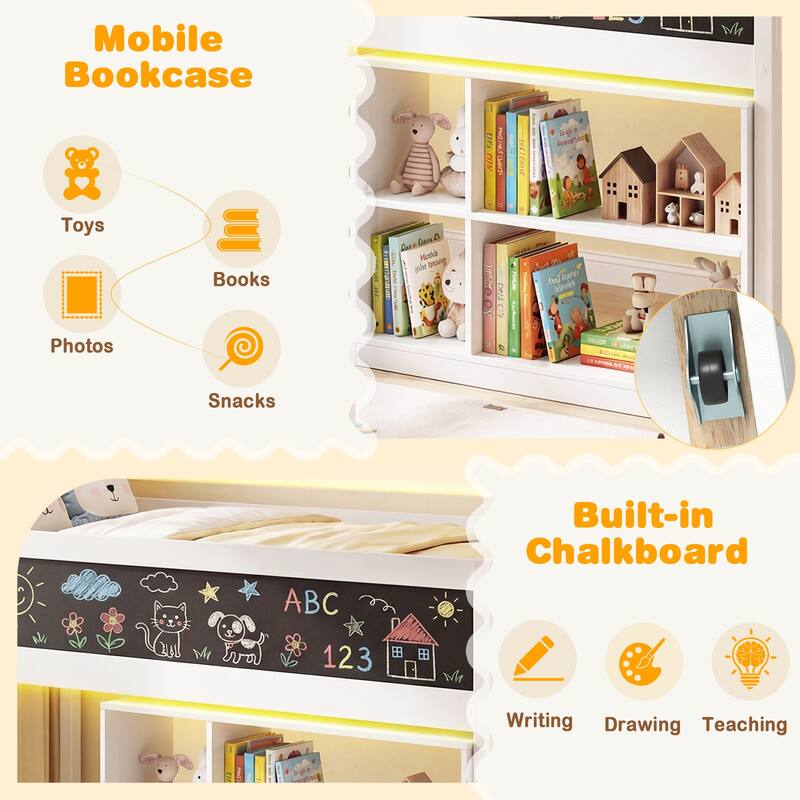 Gymax Kids Loft Bed w/LED Lights Chalkboard & Removable Bookcase