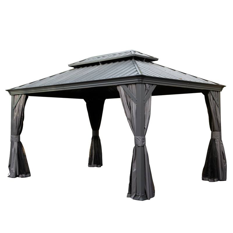 10' X 14' Hardtop Gazebo with Drainage System, Galvanized Steel Roof, Curtains, and Netting for Outdoor Living