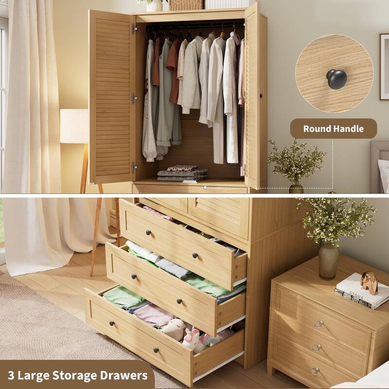69.5" Wooden Armoire Wardrobe Closet with Louvered Doors, Drawers & Hanging Rod, Natural Finish Storage Cabinet