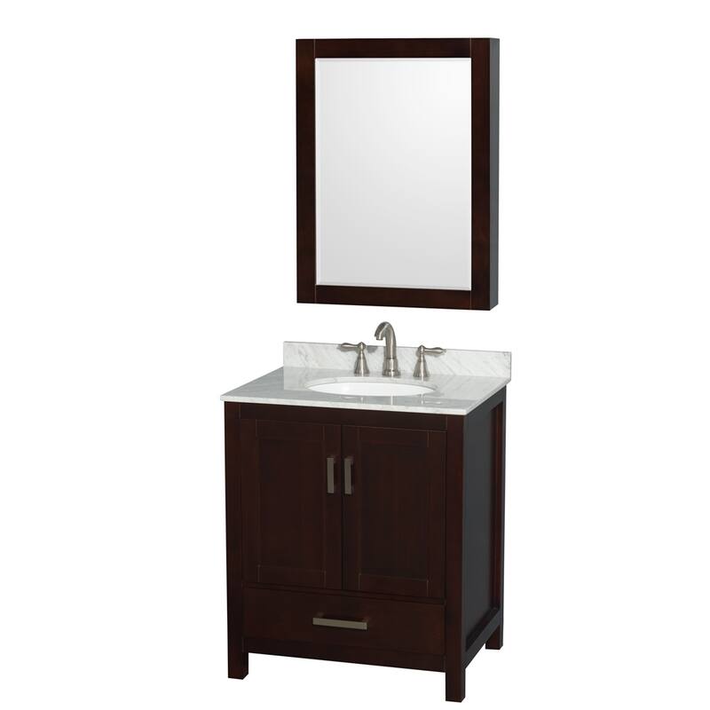 Wyndham Collection Sheffield Single Vanity Set, Medicine Cabinet - 30-Inch Single - Espresso, White Carrara Marble Top, Chrome Trim