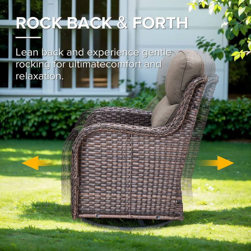 Gymojoy 7-Piece Wicker Patio Furniture Sofa Set with Fire Pit Table, 6-Inch Thick Cushion Swivel Glider Chairs & Ottomans