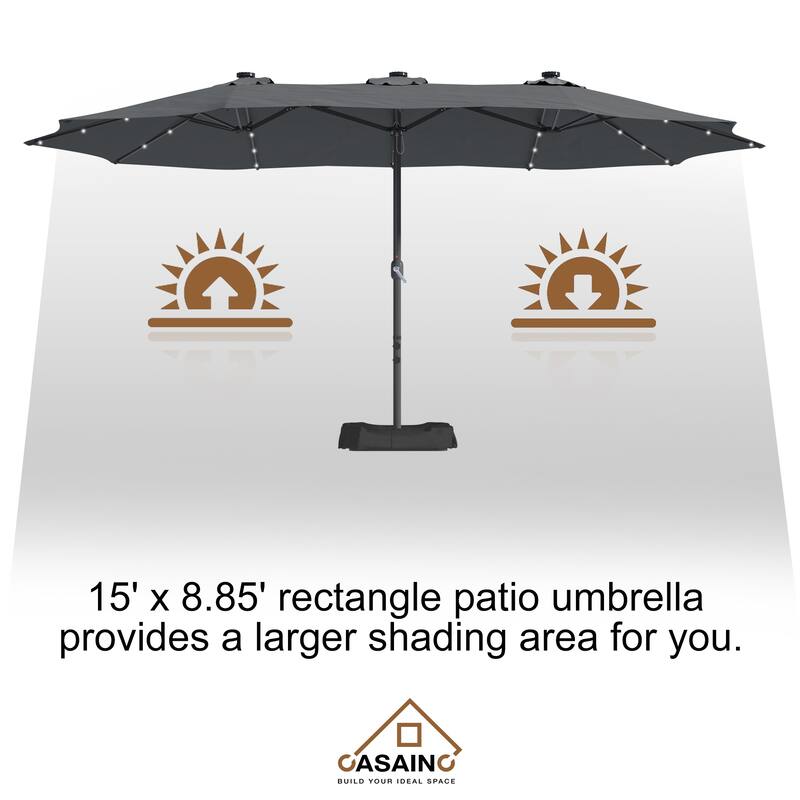 15-ft. Rectangular Crank Double-sided Outdoor Market Umbrella Solar LED Lighted Patio Umbrella with Base Included