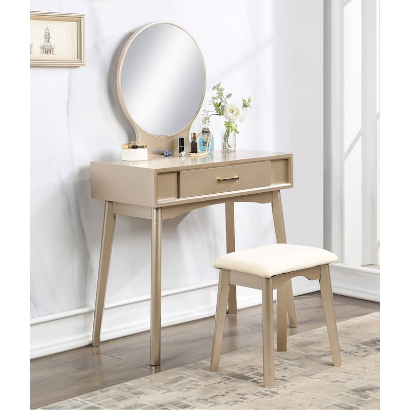 Contemporary Wood Vanity and Stool Set - Gold
