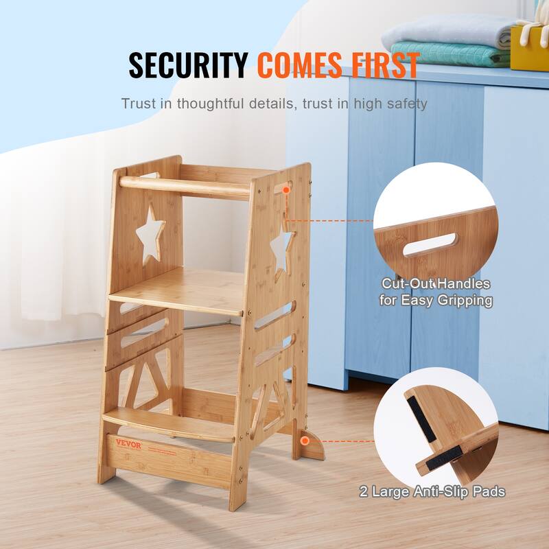 VEVOR Tower Step Stool, 3-Level Height Adjustable Toddler Step Stools for Kids, Stool with Safety Rail