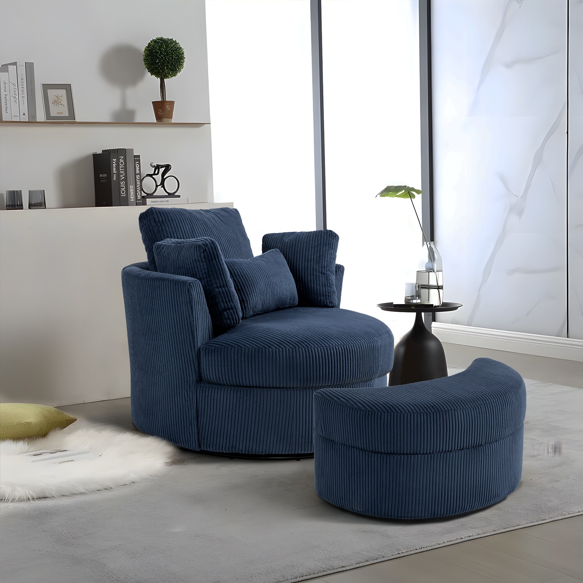 Chenille/Boucle Swivel Barrel Chair with Storage Ottoman