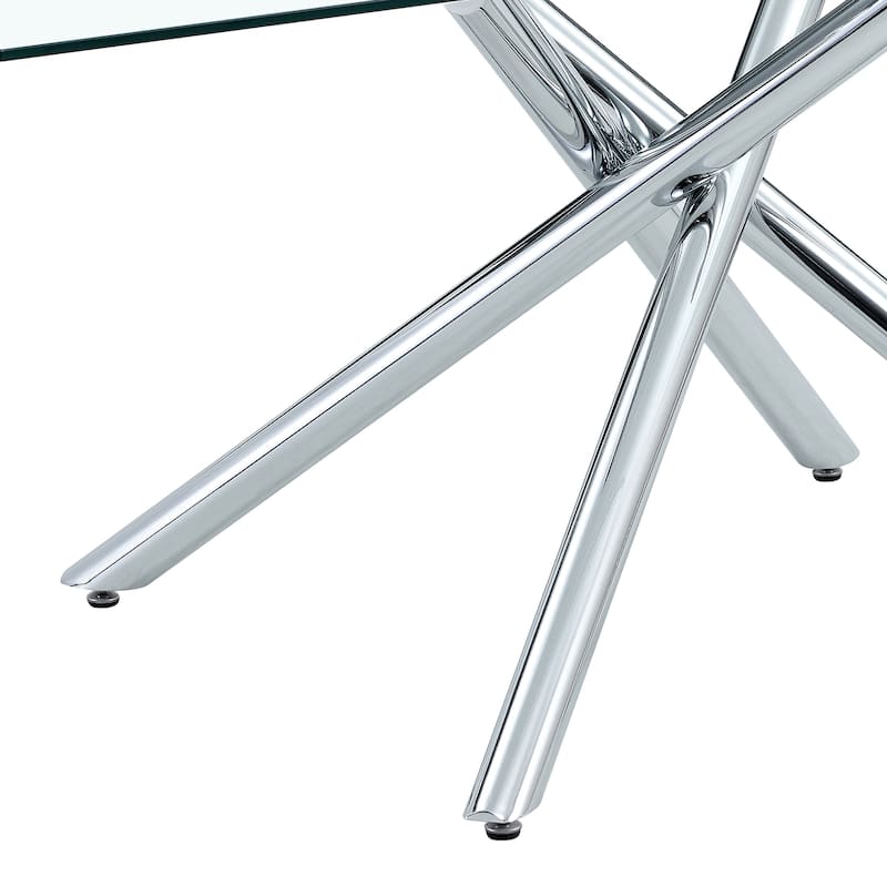 Roomfitters Glass Dining Table with 63 Inch Tempered Top and Silver Chrome Metal Legs for Home or Office, Silver