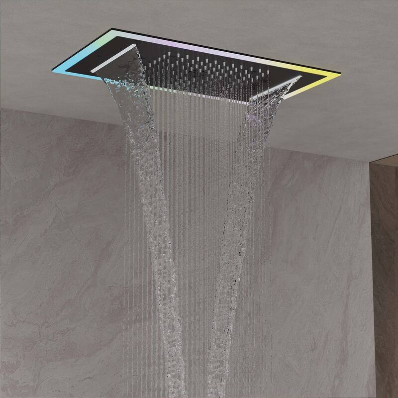 GRANDJOY Thermostatic Triple-Function LED Rain and Waterfall Shower System with Handheld and Built-In Music