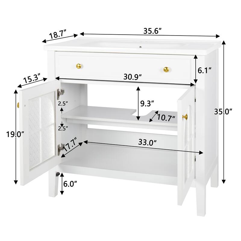 35.6" Mid-Century Bathroom Vanity Sink with Patterned Glass & Motion-sensor Light Strip, Freestanding