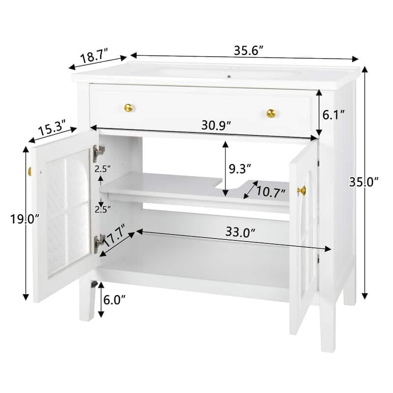 Modern Single Sink Bathroom Vanity Cabinet with Motion-sensor Light Strip & Patterned Glass, Ceramic Integrated Basin