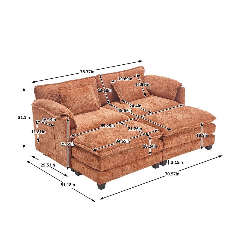 76.77" Chenille Upholstered Sofa with 2 Ottomans