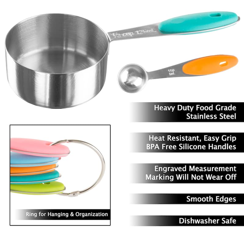 Classic Cuisine 10-Piece Measuring Cups and Spoons Set – Stainless-Steel with Colored Silicone Handles and Metal Ring Hanger