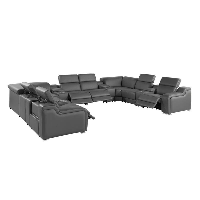 HomeRoots Dark Gray Italian Leather Power Reclining U Shaped Twelve Piece Corner Sectional With Console
