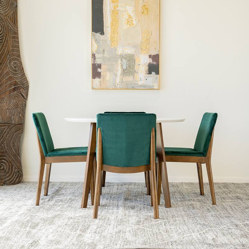 Contessa 5-Piece Mid-Century Modern Round Dining Set wi/4 Velvet Dining Chairs in Green