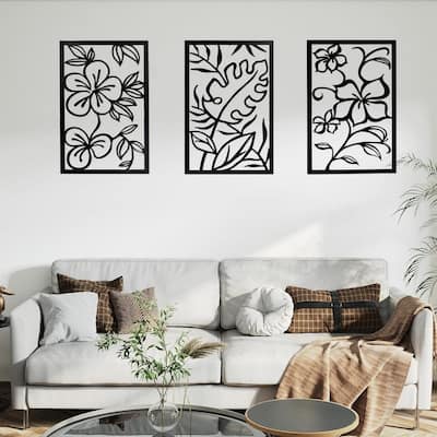 3 Piece Set Wall Decor, Floral Hollow Out Abstract Design, Black Rectangular Metal Frame