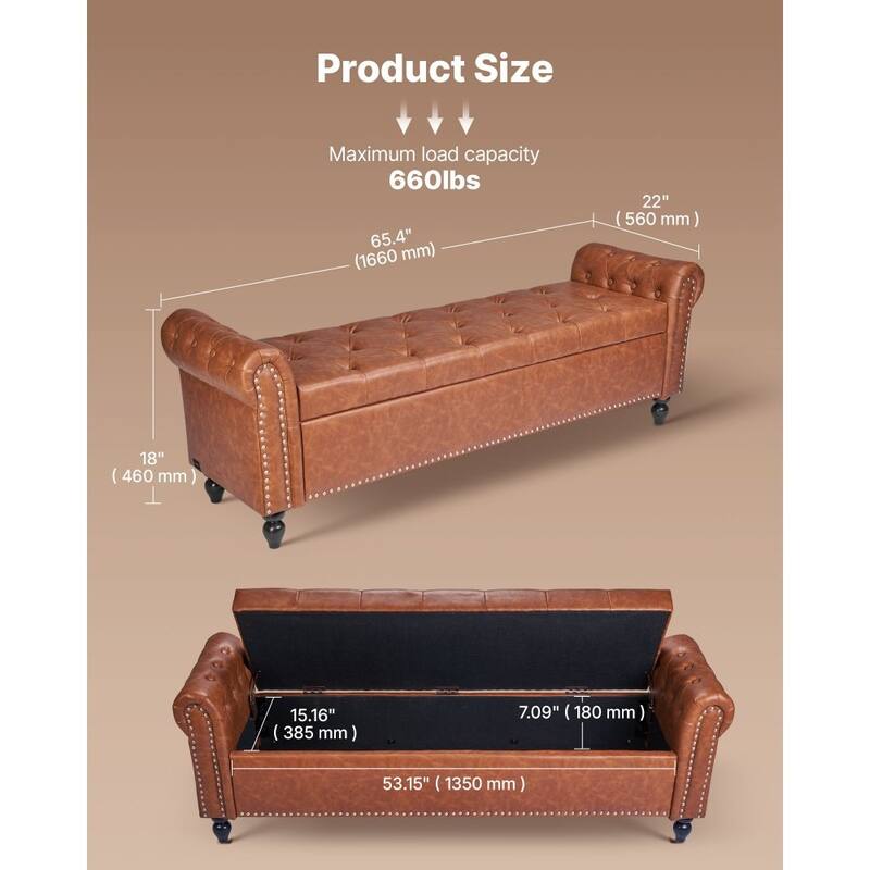 Modern PU Leather Storage Ottoman Bench with Soft-Close Hinges for Spacious Bedroom Organizer - 65.4”L x 22”W x 18”H