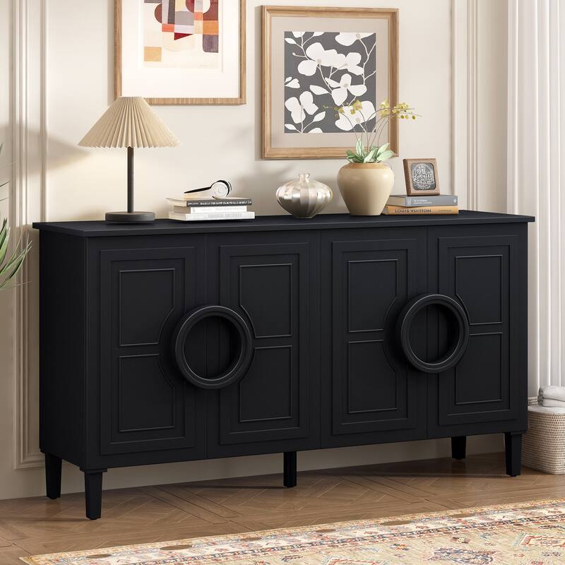 French-Style 4-Door Buffet Cabinet Sideboard with Round Handles, for Living Room, Entryway and Study - Black