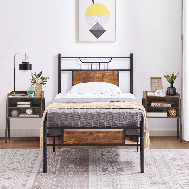 VECELO Industrial 3-pieces Bed and Modern Nightstands Set