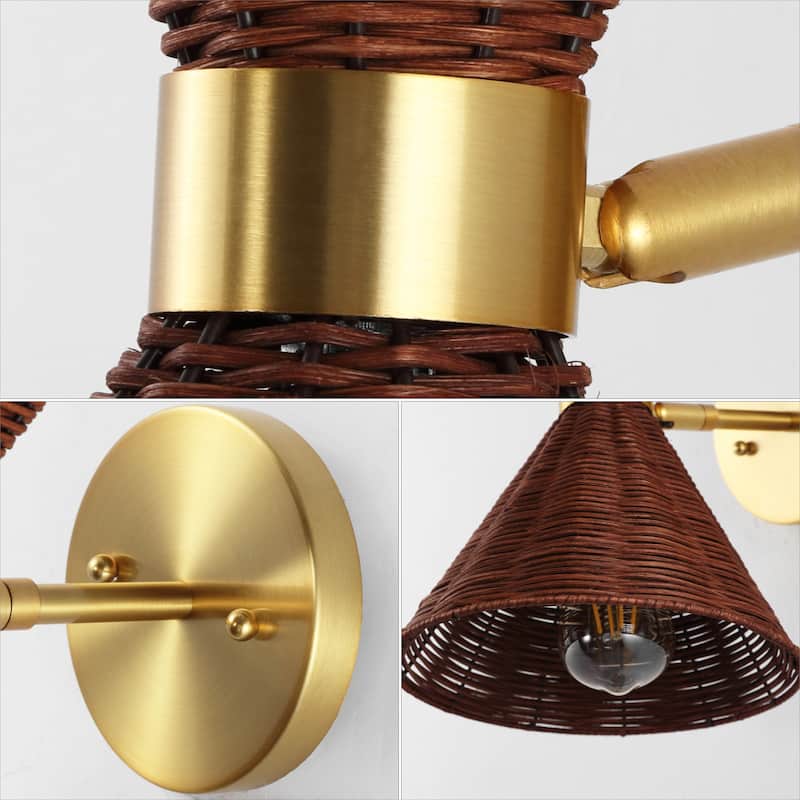 Kiawah 10" 1-Light Mid-Century Vintage Retro Rattan/Metal LED Sconce with Adjustable Shade, by JONATHAN Y