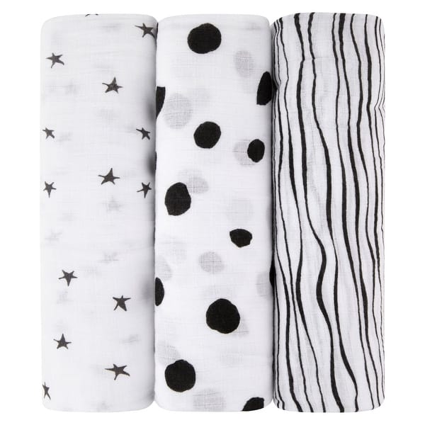 slide 2 of 2, Ely's & Co. Cotton Muslin Swaddle Blanket - 3 Pack - 42"x42" 0-24 months - Black & White Abstract