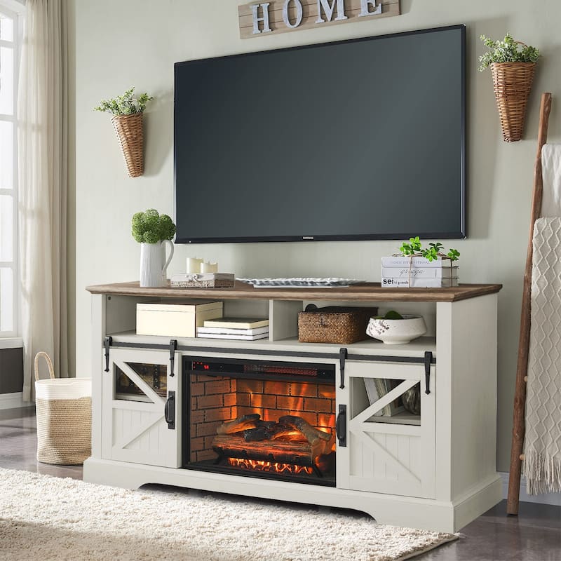 60"W Fireplace TV Stand with Sliding Barn Door, Farmhouse TV Console - 60"L x 15.75"W x 32"H