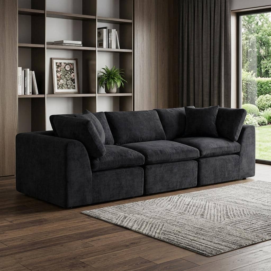 HomeRoots 108" Black Chenille Modular Sofa With Toss Pillows