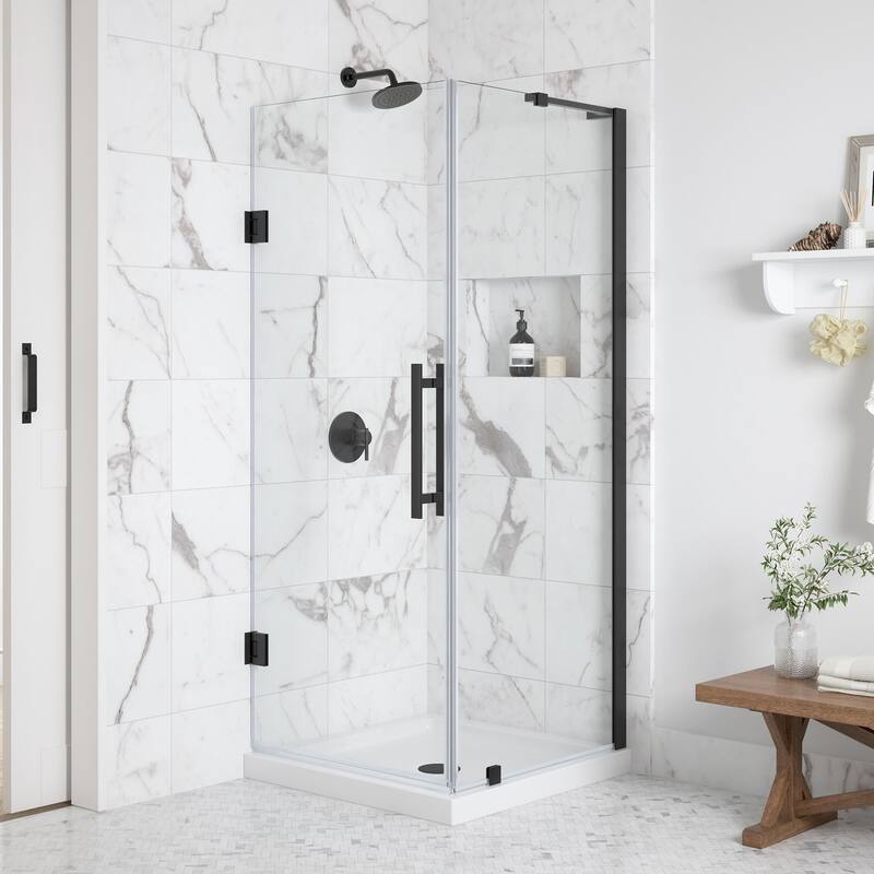 OVE Breeze Pivot Corner Frameless Pivot Shower Door Kit with Base Pan - 32" - Matte Black