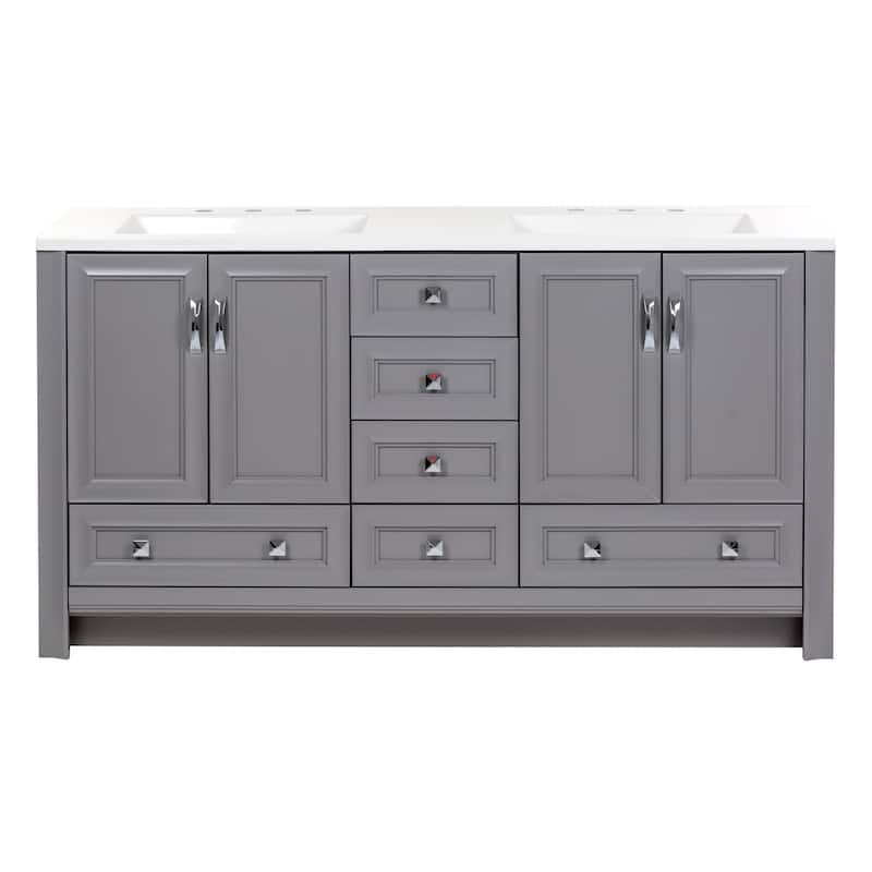 Spring Mill Cabinets Nimay 60.5" Double Bathroom Vanity With 5 Drawers, 2 Cabinets, and White Sink Top