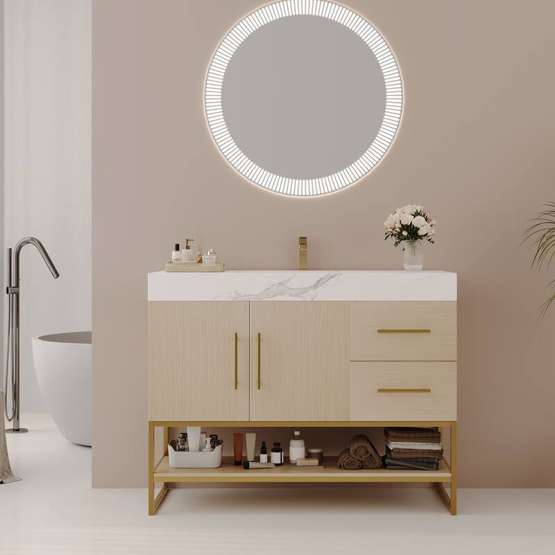 GDFStudio - Luxury 36" Freestanding Sintered Stone Bathroom Vanity with Seamless Ceramic Sink, Open Storage & Soft-Close Drawers