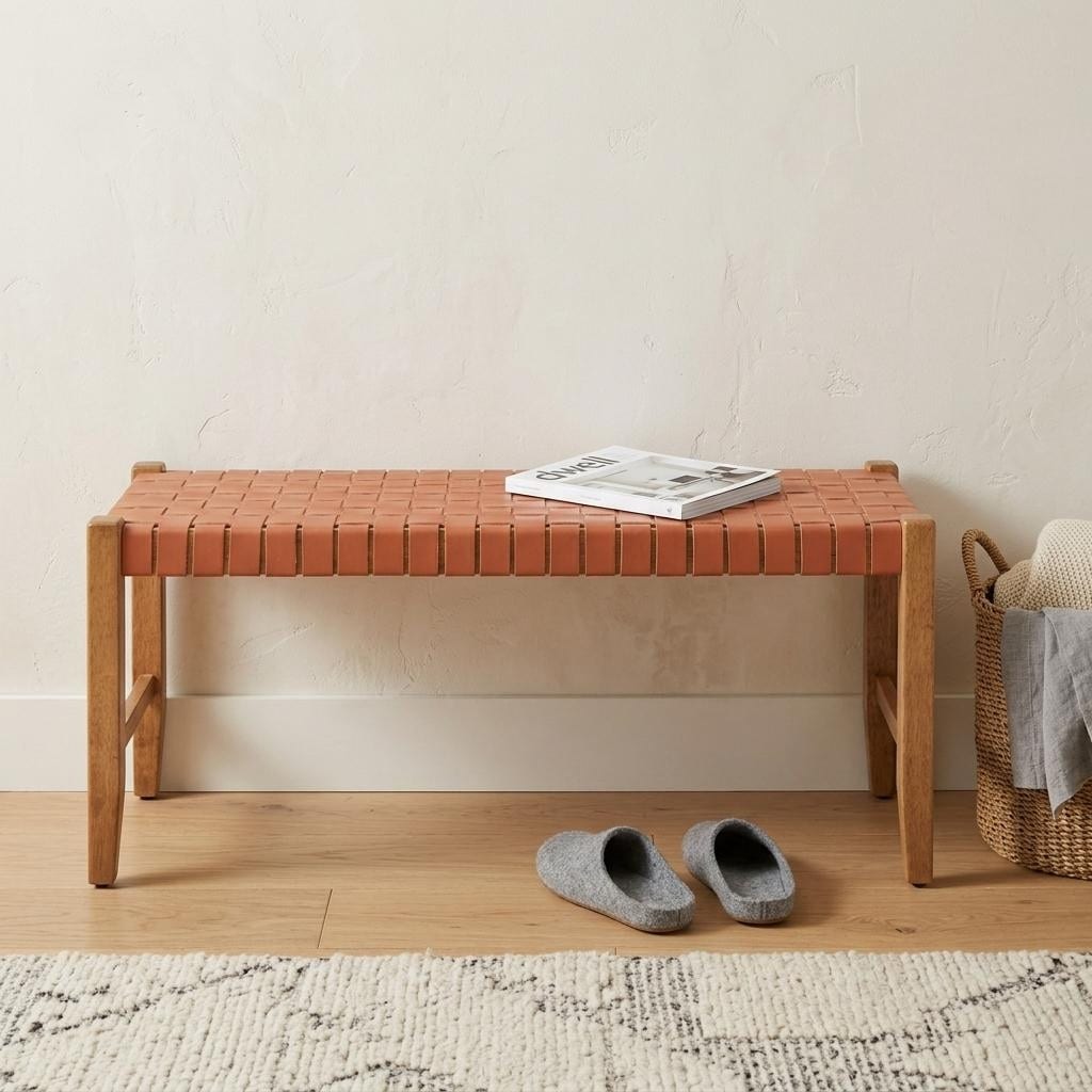 HomeRoots 48" Tan and Natural Genuine Leather and Solid Wood Upholstered Dining Bench - 48.00 in. x 18.90 in. x 16.00 in.