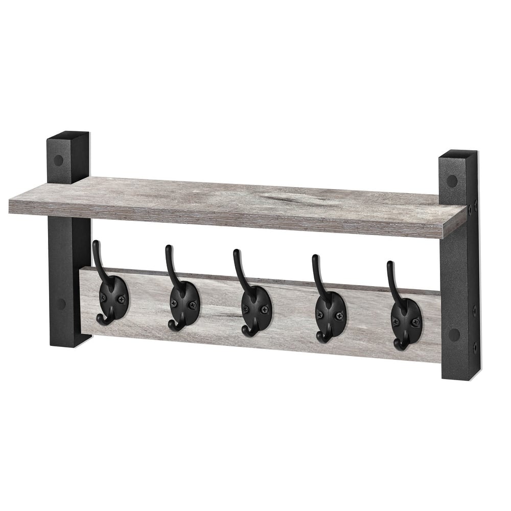 Sorbus Coat Hooks Wall Mount Floating Shelf with 5 Heavy Duty Hooks, Large and Extra Large