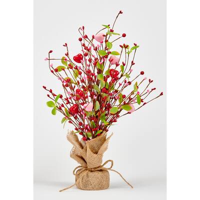 18" Valentine's Day Pink and Red Hearts with Berries Table Tree in Burlap Sack Base - 18