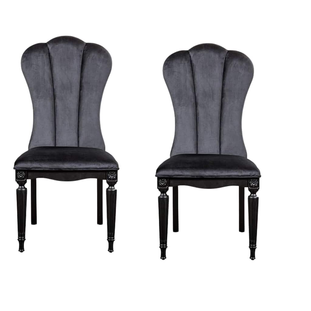 Hixe Side Dining Chair Set of 2, Scalloped, Turned Fluted Wood Legs, Black