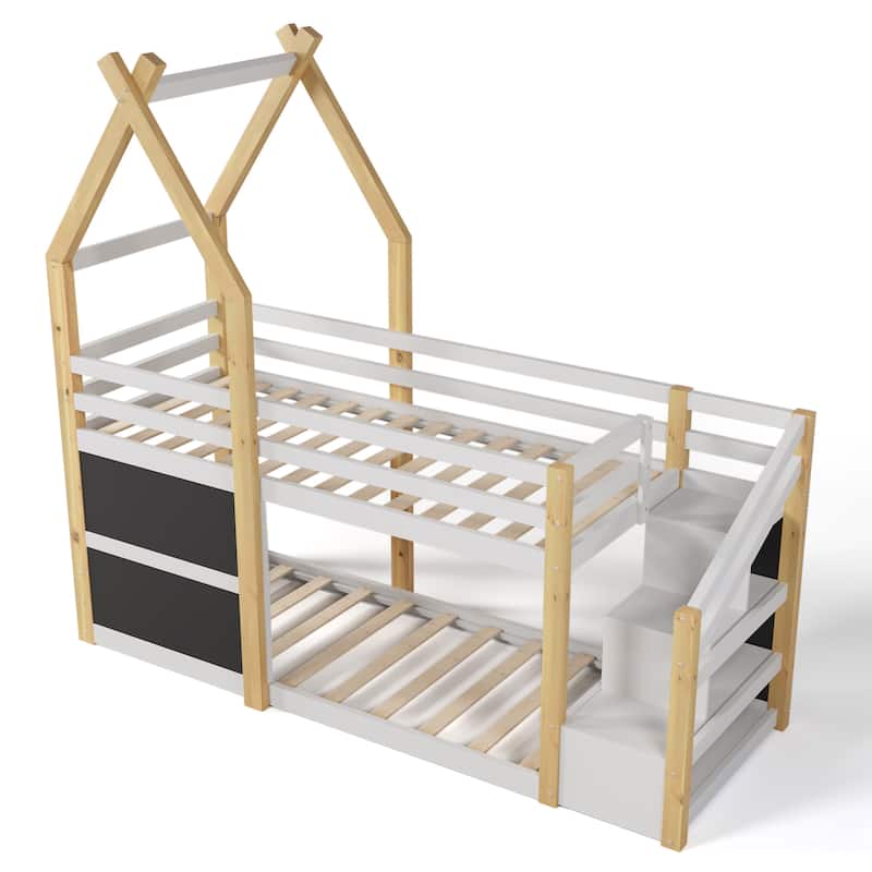 Twin Over Twin House Bunk Bed with Storage Staircase, Two Blackboards, and Pinewood Frame for Kids' Rooms