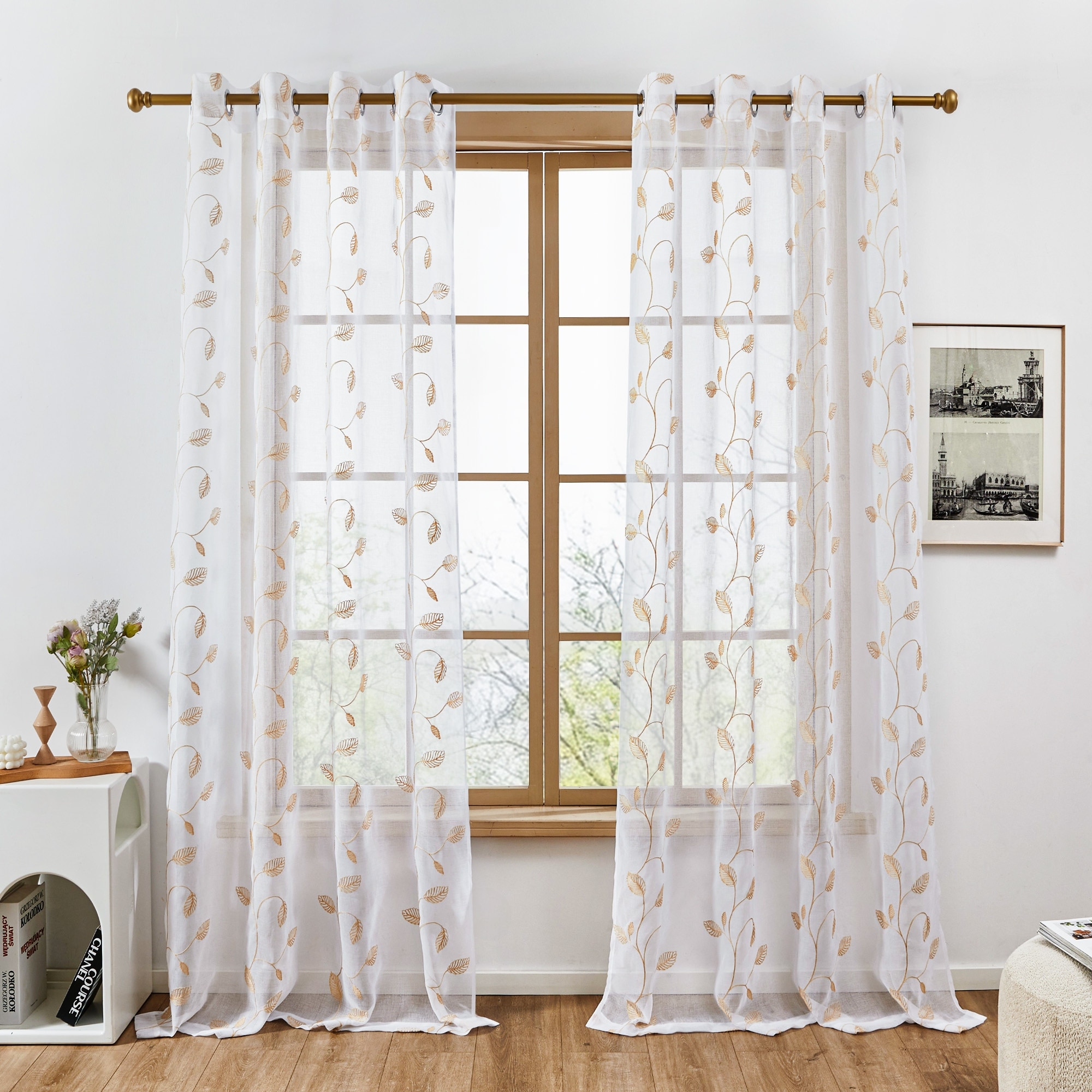 カーテン Decovo & lace curtain Deconovo Embroidered Leaf Farmhouse Sheer Curtains (2 Panels) - On