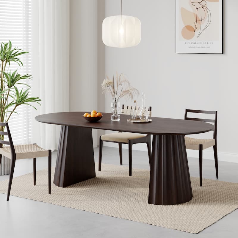 Modern Oval Wooden Dining Table - 79" Large Size, Sturdy Fluted Base, Natural Oak Finish for Dining Room
