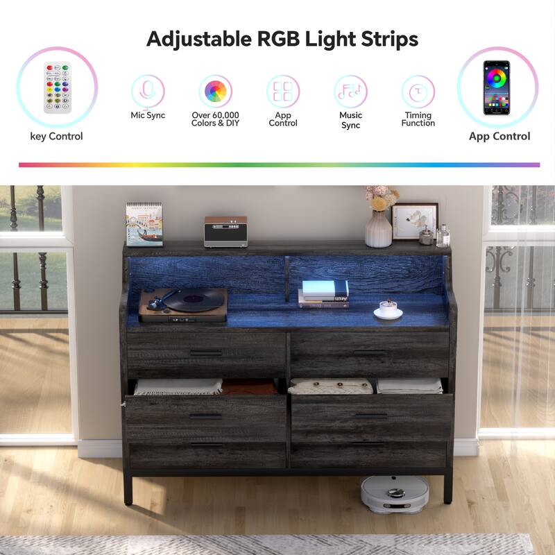 6 Drawers Dresser with Charge Station and LED Light, Closet Organizer for Bedroom