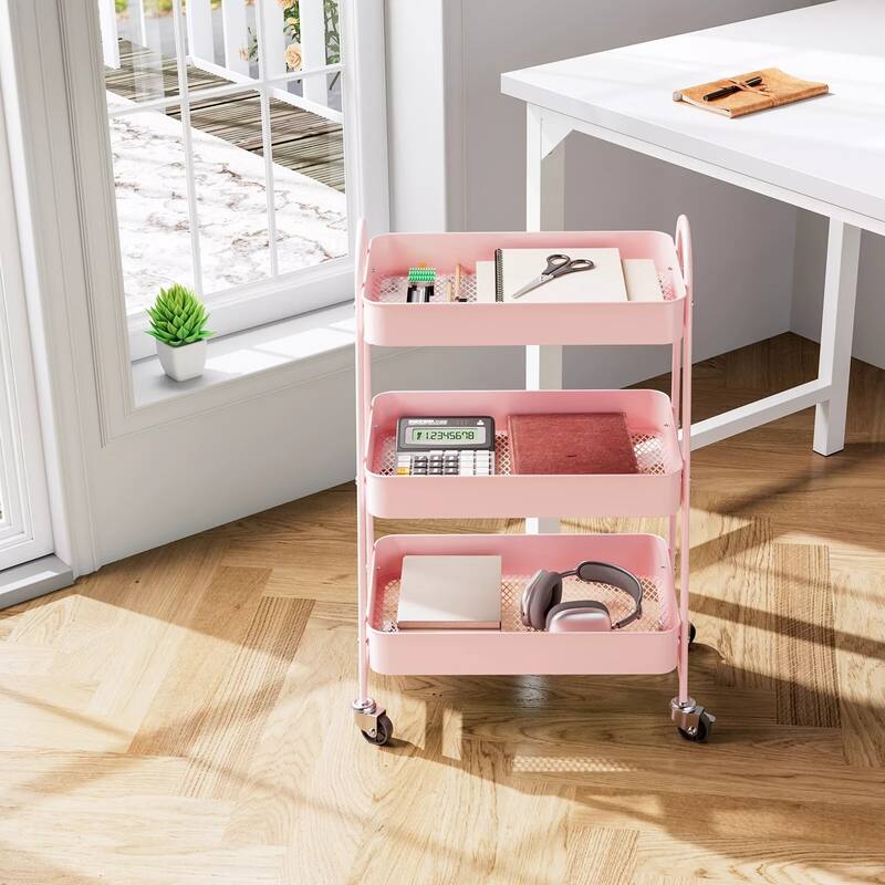3-Tier Metal Rolling Utility Cart Multifunctional Organizer with Handle and Lockable Wheels - 17.4"D x 12.04"W x 31.02"H