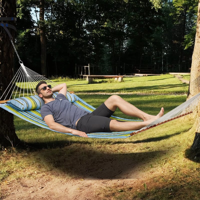 Green Stripe Quilted Cotton Hammock, 2-Person and No Stand - 55.1” L x 74.8” H