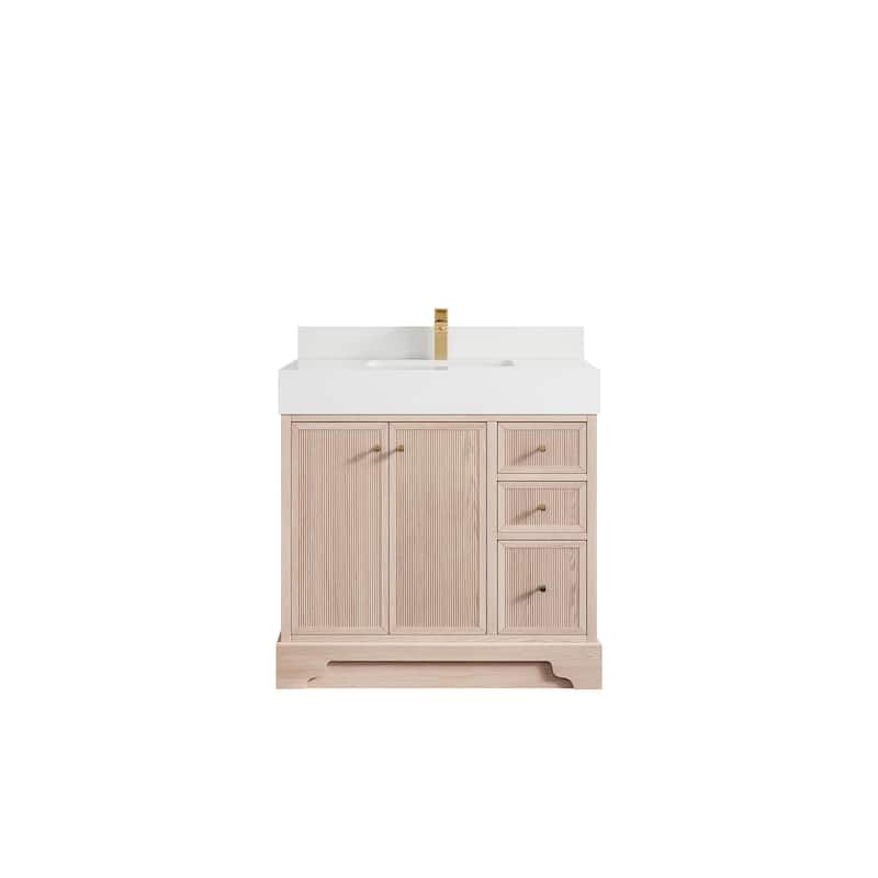 Willow Collections 36 in. W x 22 in. D Manhattan Oak Wood Center Sink Bathroom Vanity with Countertop - 2"White Quartz - White Oak