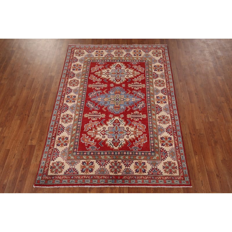 Red Geometric Kazak Area Rug Hand-Knotted Traditional Wool Carpet - 4'10" x 6'9"