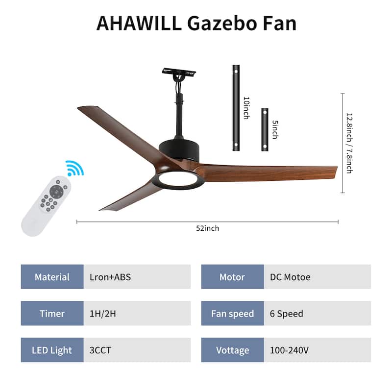 Outdoor Ceiling Fan with Light: 52 Inch Black Waterproof Gazebo Fans with Lights Outdoor Hanging 6 Speed Reversible DC Motor