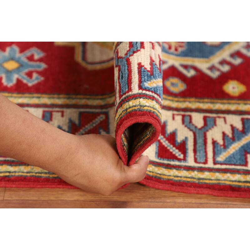 Red Geometric Kazak Foyer Rug Handmade Wool Carpet - 2'8" x 4'3"