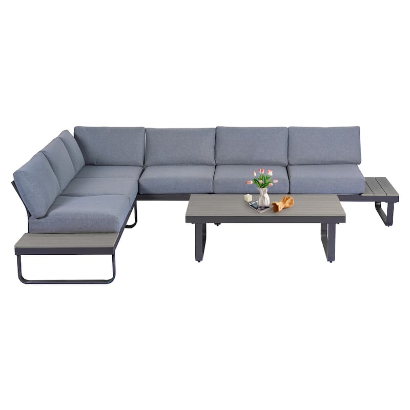 Outdoor L-Shape Metal Sectional Sofa Set With Gray Cushion For Lawn Garden Porch By Tappio