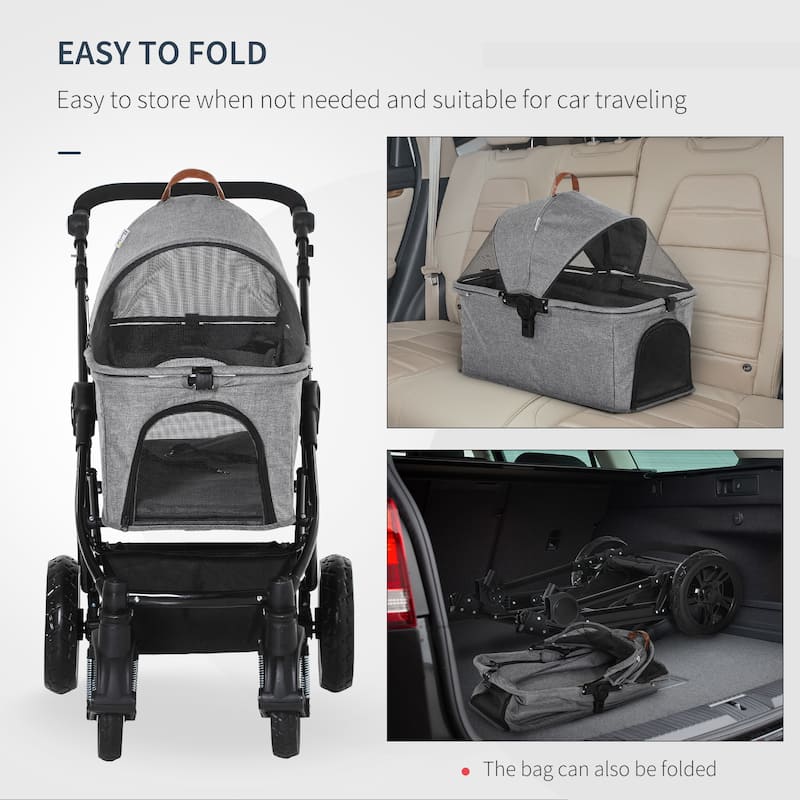 PawHut Dog Stroller with Adjustable Canopy Safety Leashes and Carrying Bag, Grey
