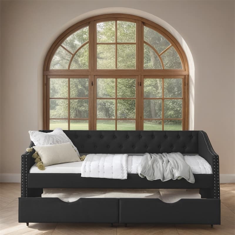 Twin Size Upholstered Tufted Daybed with Drawers and Copper Nail