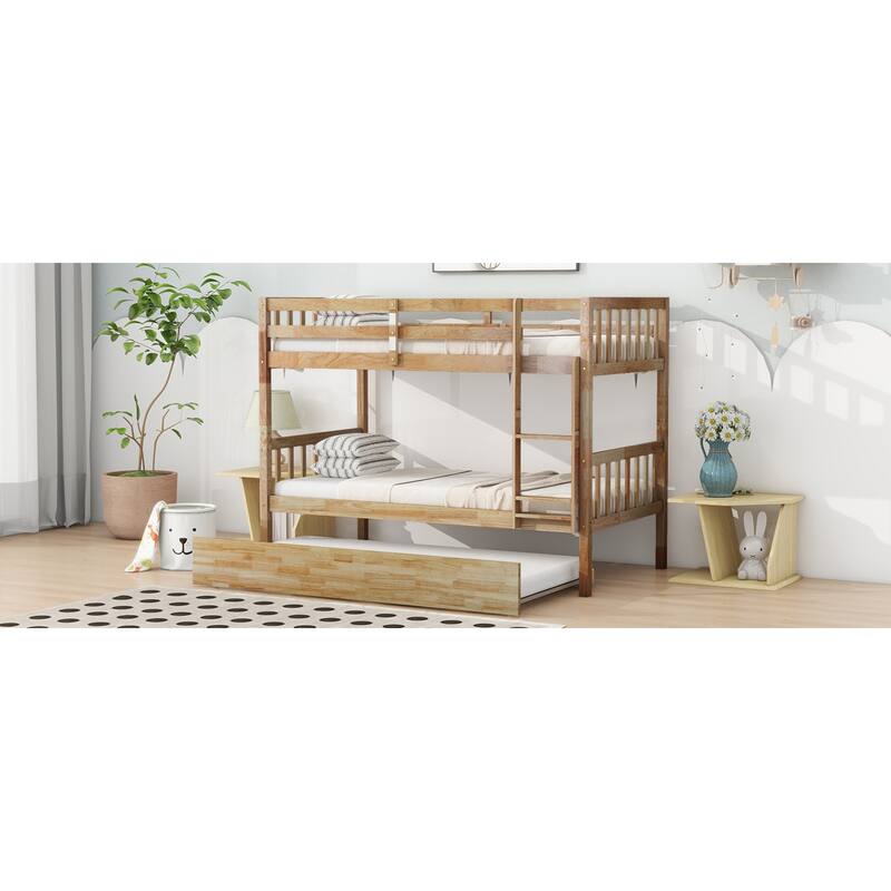 Roomfitters Twin Over Twin Rubber Wood Bunk Bed with Trundle, Convertible to Two Twin Beds, Ladder and Guardrails