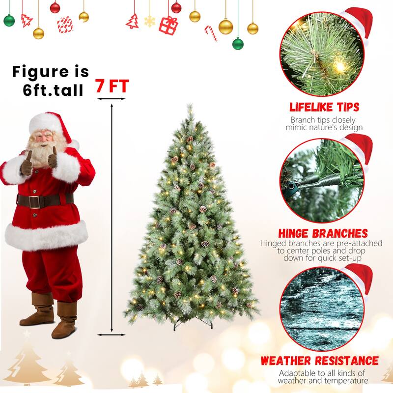 7.5FT Christmas Tree with 450 Warm White LED Lights-1588 PVC & Hard Needle Tips,92 Pine Cones, Hinged Branch Design