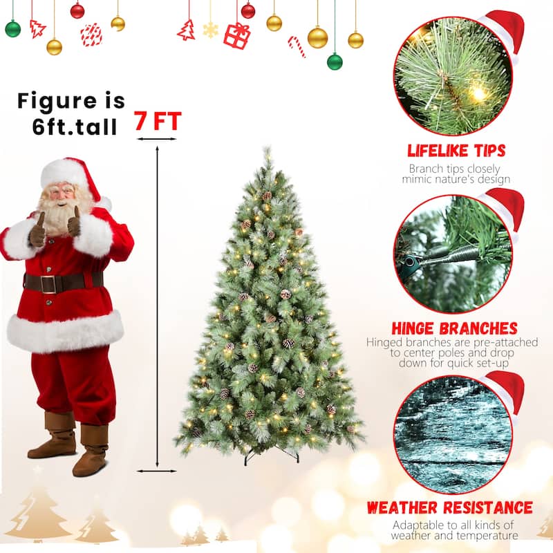 Pre-Lit Artificial Christmas Tree - Warm White LED Lights, Pine Cones, Hinged Branches, Metal Stand - Green